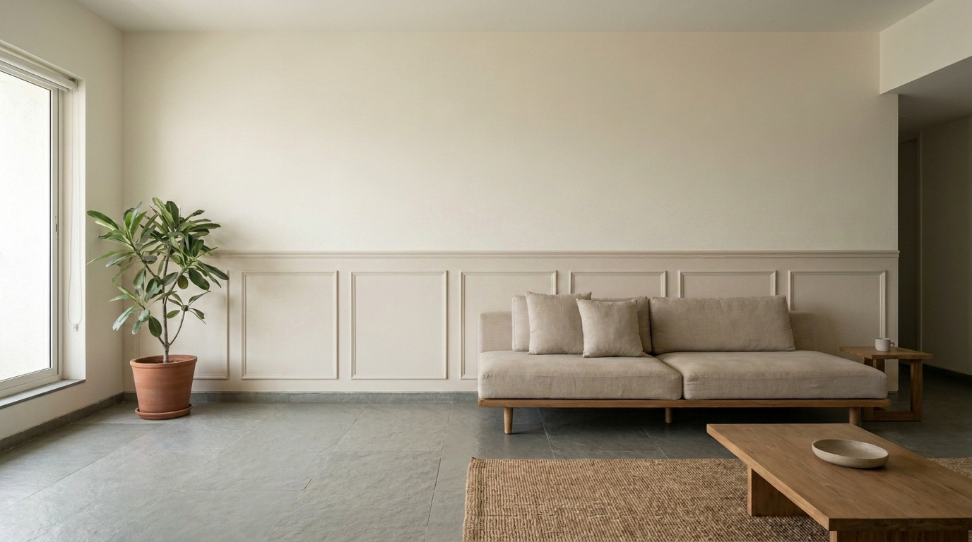 Living room wall with wainscoting moulding added behind the sofa in an Indian apartment.