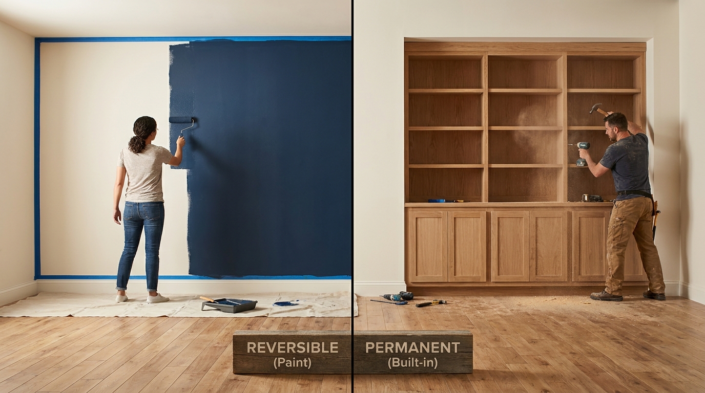 A split photograph comparing a tenant painting an accent wall, labeled 'Reversible,' with a contractor installing built-in shelves, labeled 'Permanent,' illustrating the distinction between temporary and lasting rental changes.