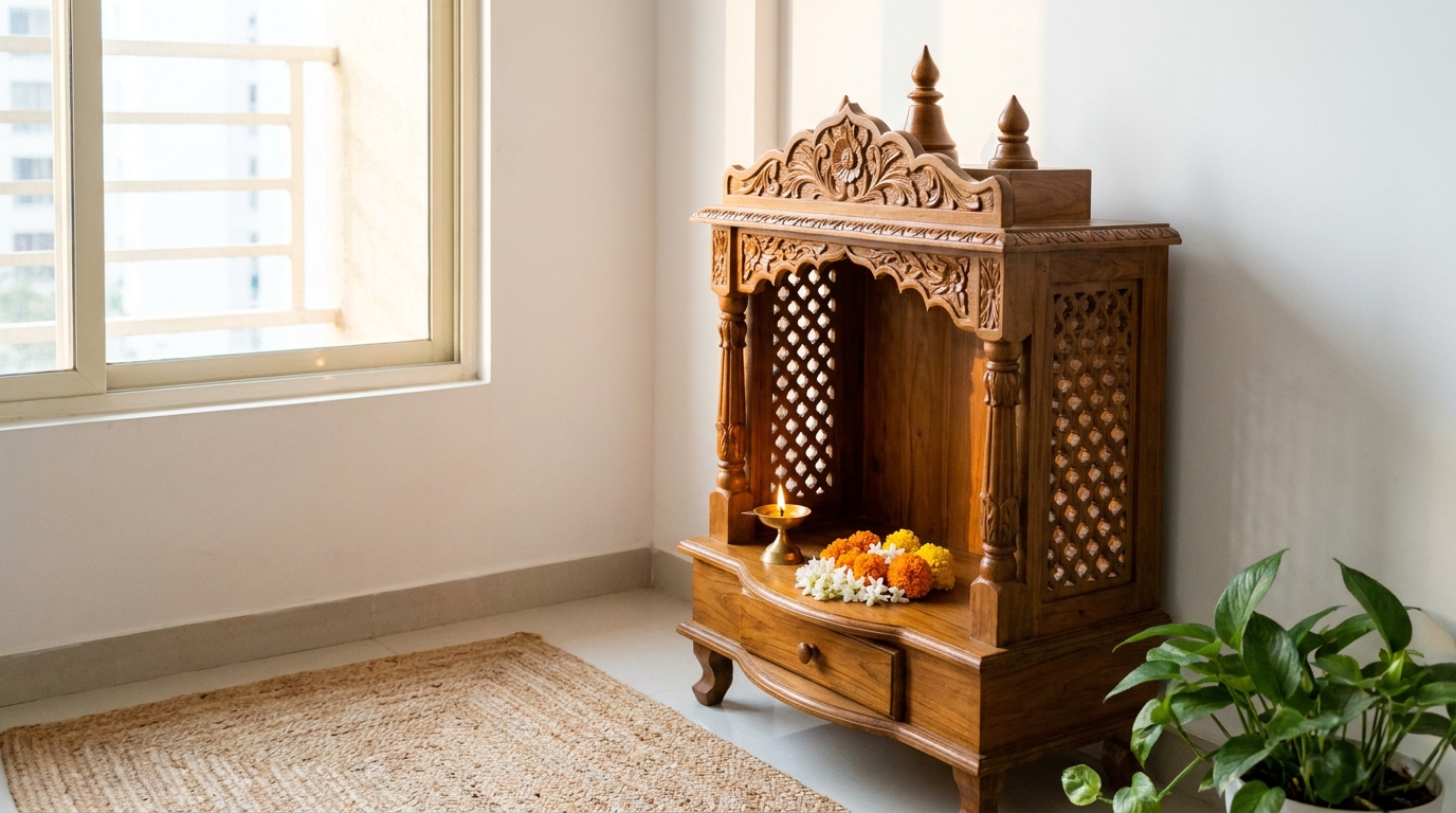 Pooja room corner with a wooden mandir unit lit by soft early-morning light.