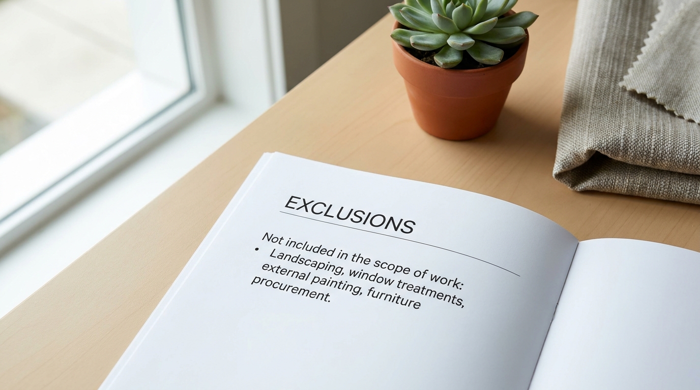 Quote document showing an exclusions section, with a curtain sample softly out of focus in the background.
