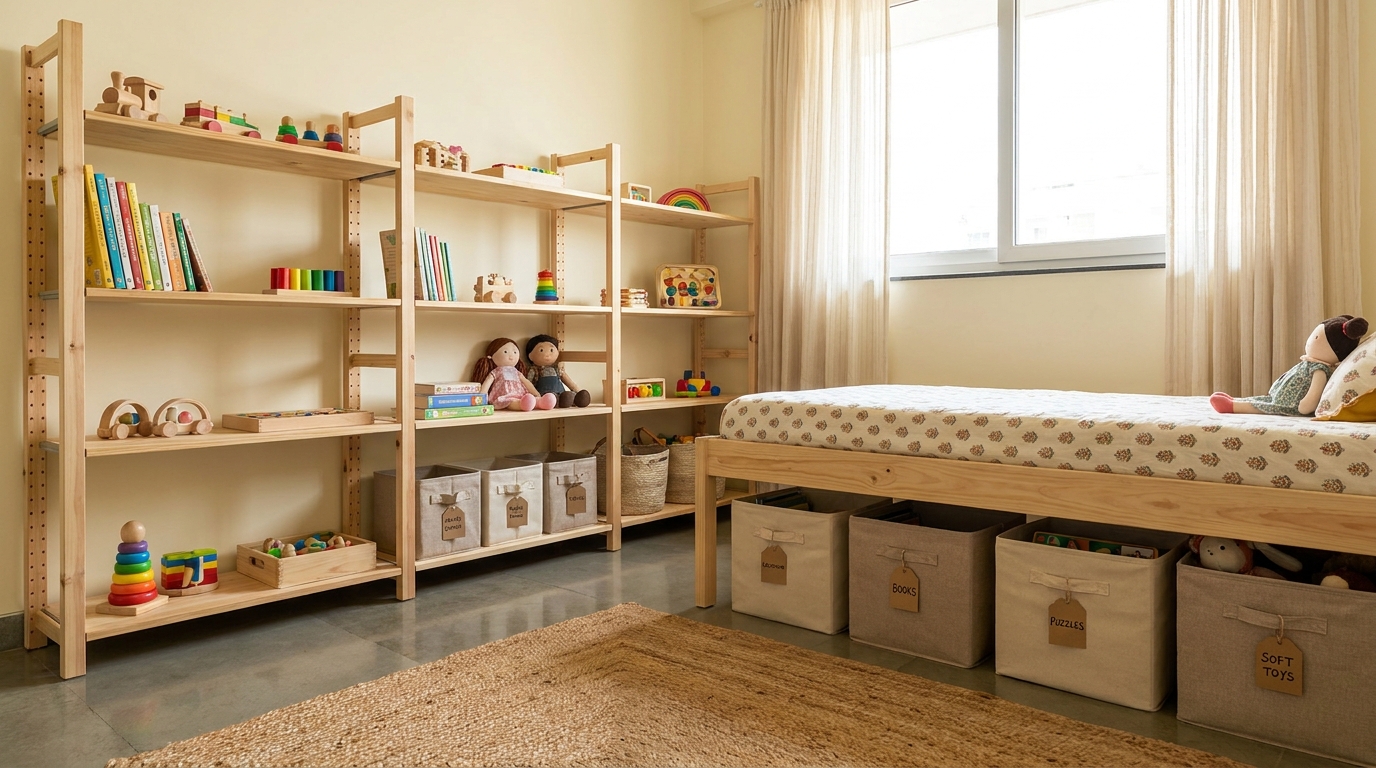 Tidy kids' room with a curated toy display on open shelving and labelled storage bins under the bed.