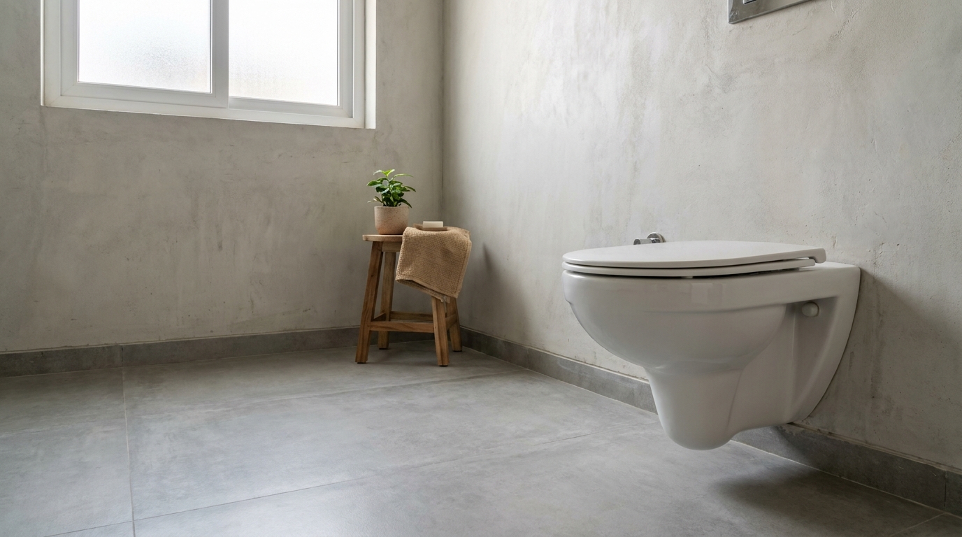 Wall-hung commode with open floor space beneath it in a minimalist Indian apartment bathroom, floor tile continuing uninterrupted.