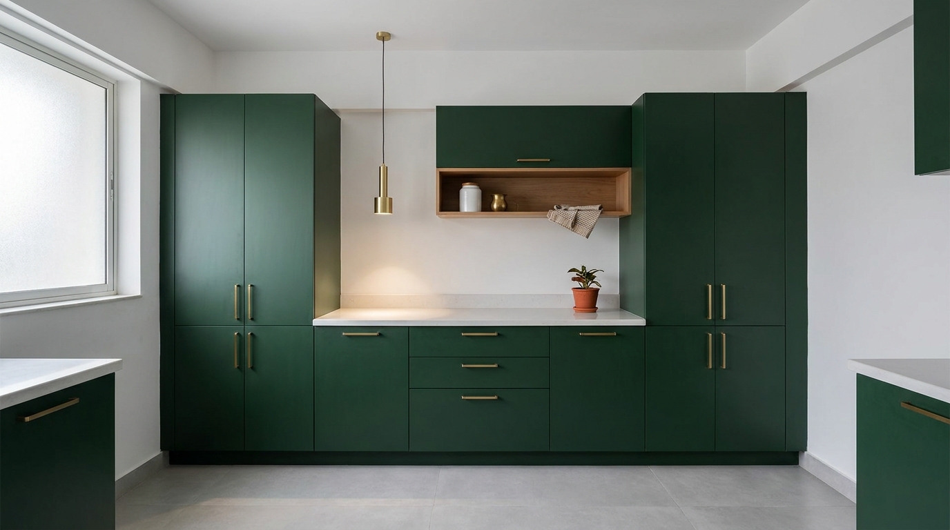 Contemporary Indian kitchen with deep forest green matte cabinetry, chalk white walls, and warm brass pendant light and cabinet pulls