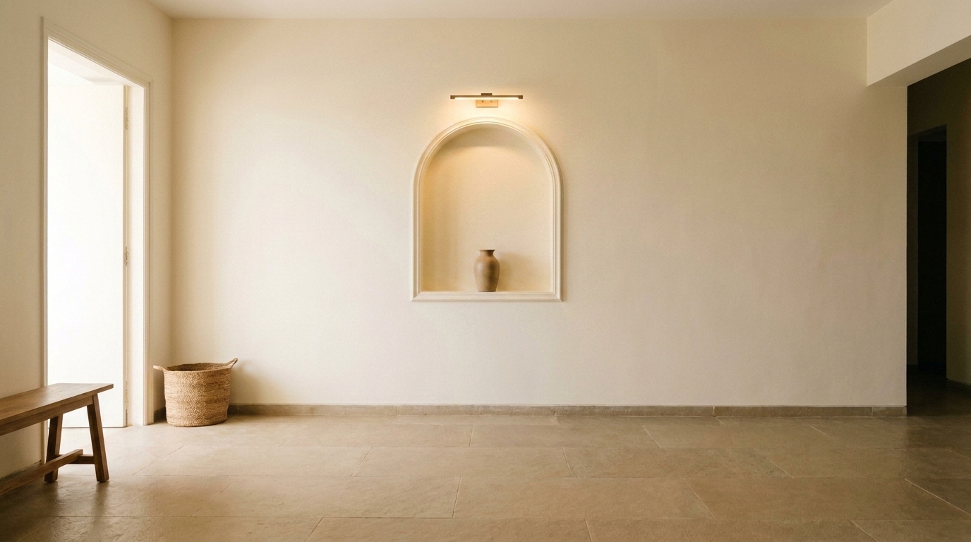 Entryway wall with arched niche moulding and lit display added in an Indian apartment.