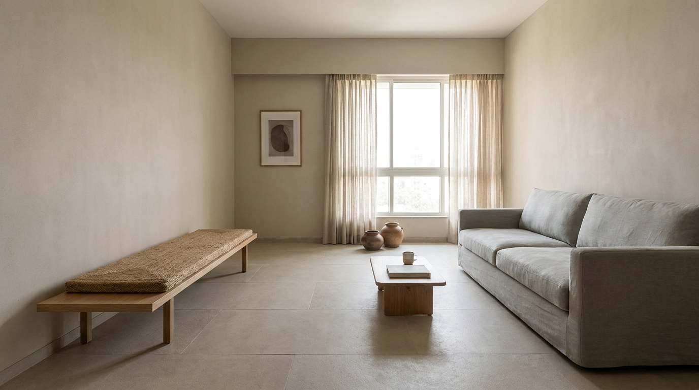 Wood bench used as flexible extra seating in an Indian living room.