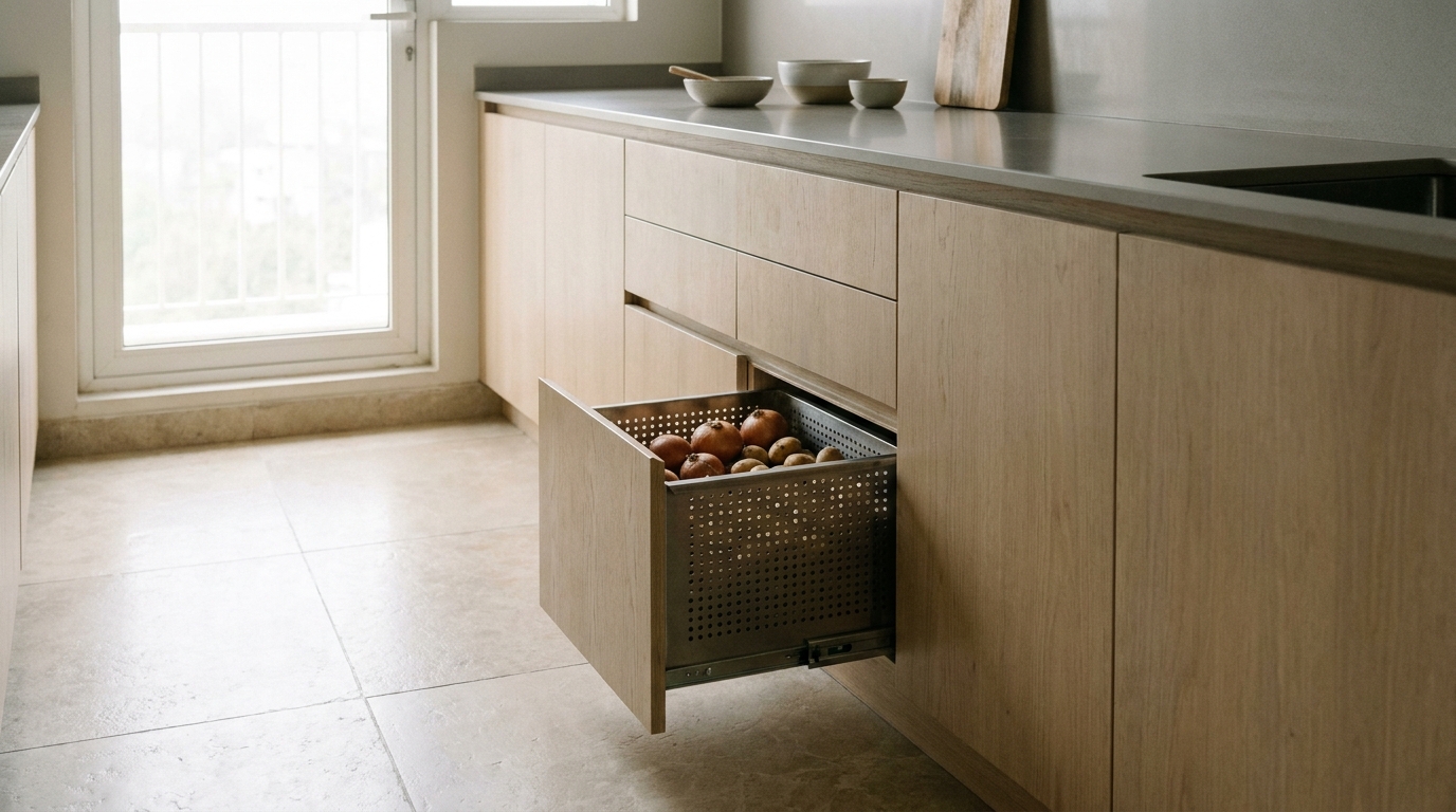Pull-out ventilated basket for onions and potatoes in a modern Indian kitchen.