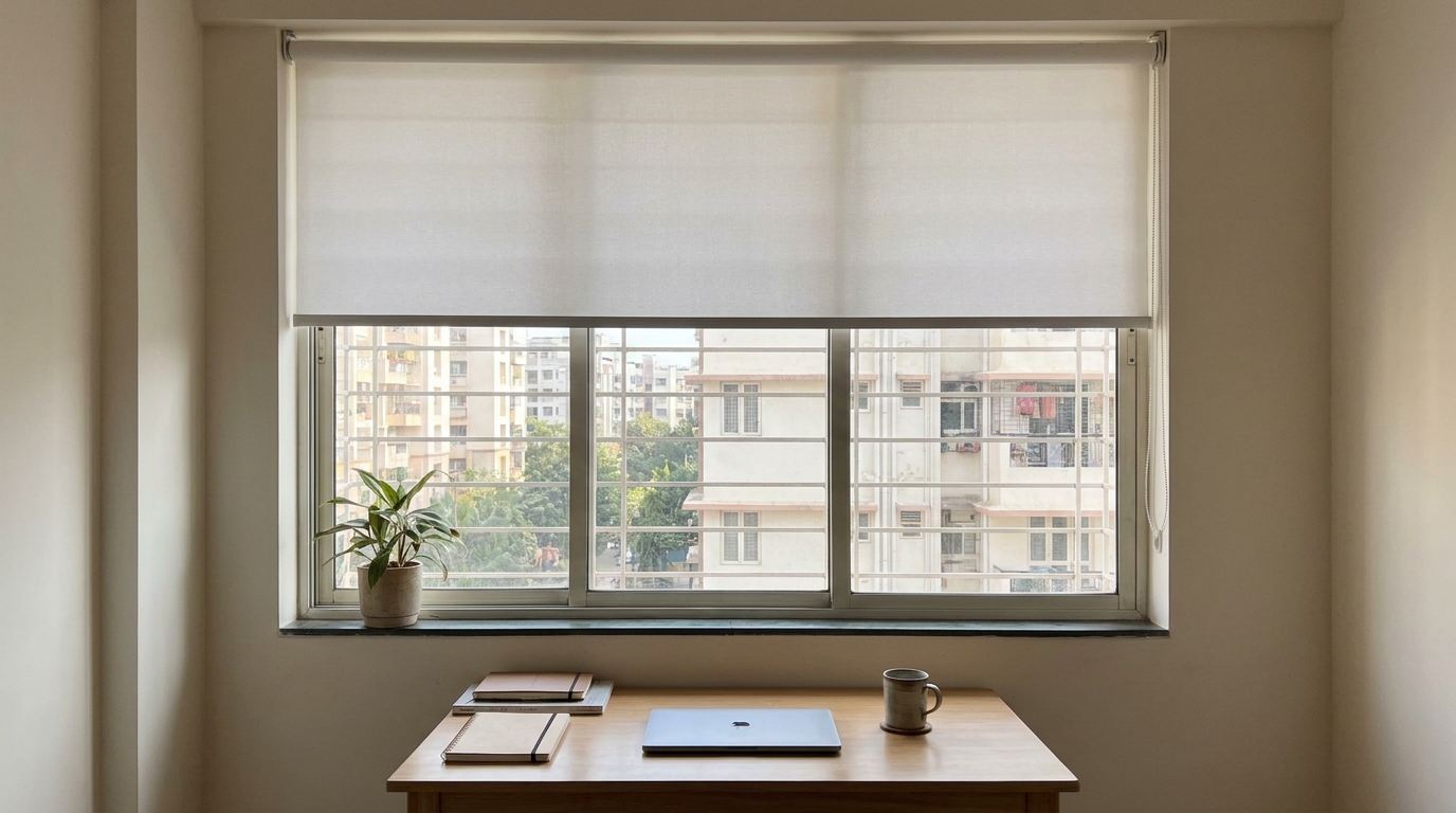 Plain white roller blind on a home office window in an Indian apartment before renovation.