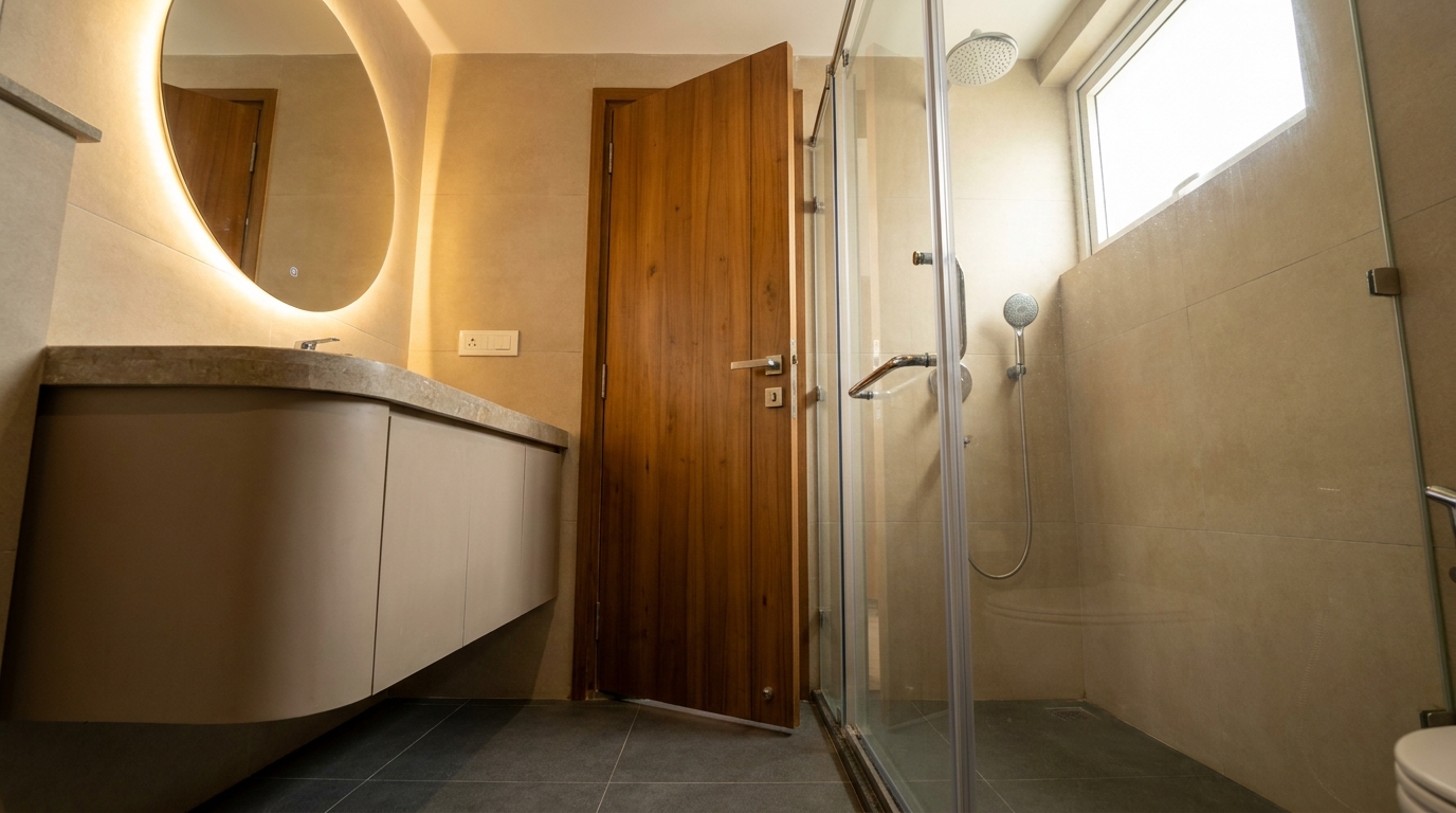 An inward-opening wooden door blocking the entry space of a compact apartment bathroom by swinging directly into the glass shower partition frame, illustrating a common space-planning mistake.
