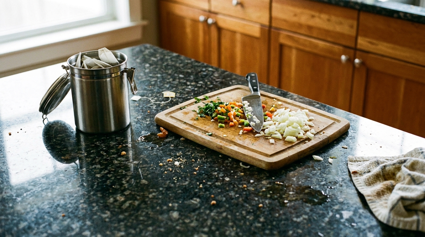 Dark granite kitchen countertop shown in daily use with a cutting board and vegetables.