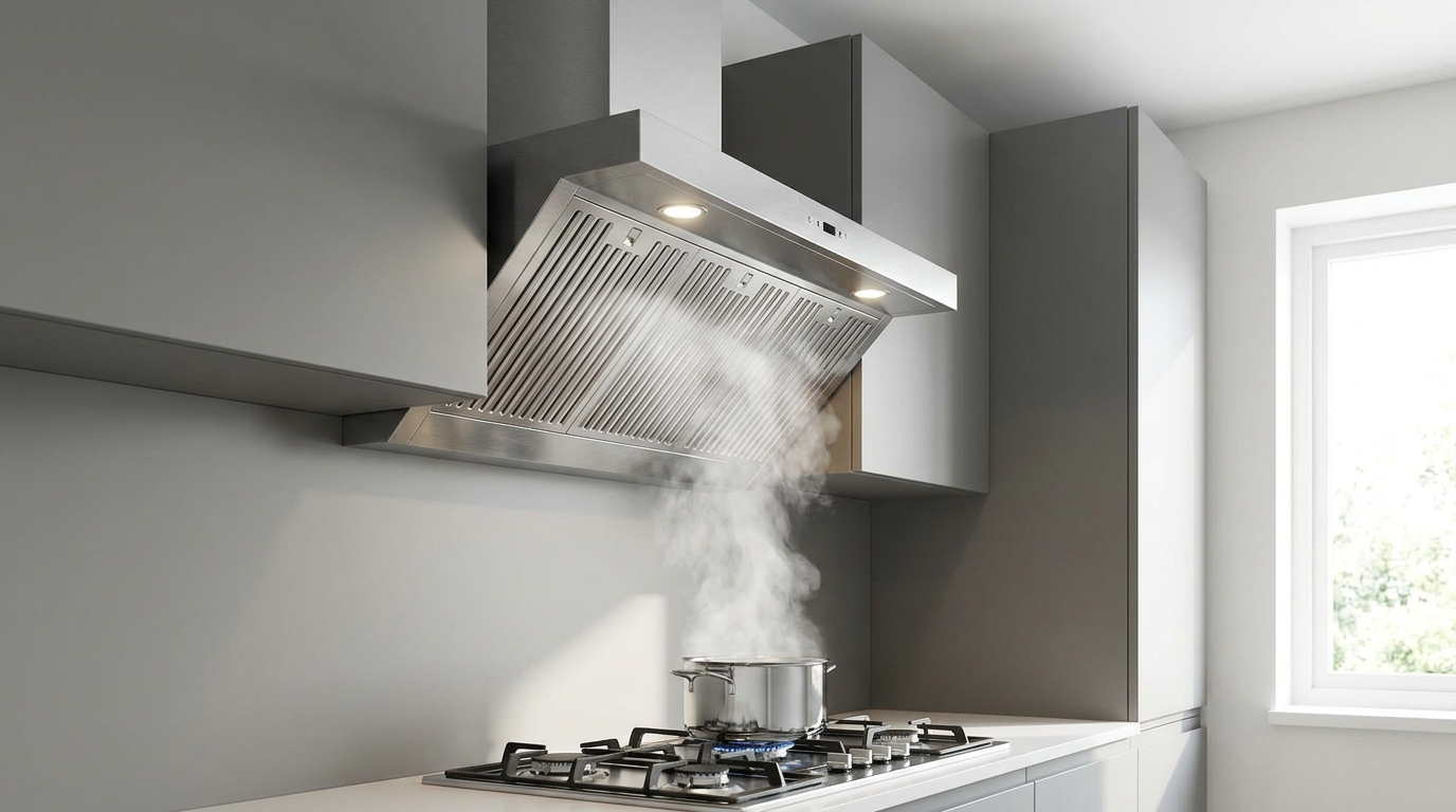 Kitchen chimney installed directly above a gas stove, centred over the cooking surface.
