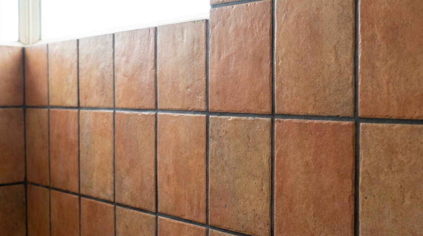 Close-up of narrow mid-tone epoxy grout lines between large format bathroom wall tiles in an Indian apartment.