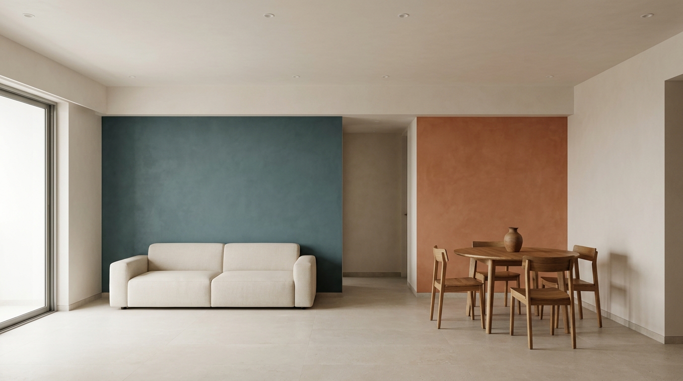 Open-plan Indian apartment with a dusty teal wall anchoring the living zone and a terracotta wall anchoring the dining zone, all other surfaces in warm white