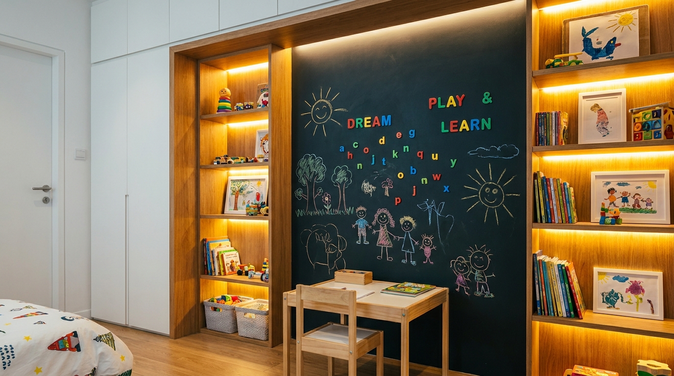 A dedicated children's bedroom accent wall coated in smooth charcoal chalkboard paint, displaying vibrant chalk sketches of stars and trees alongside colorful plastic alphabet magnets.