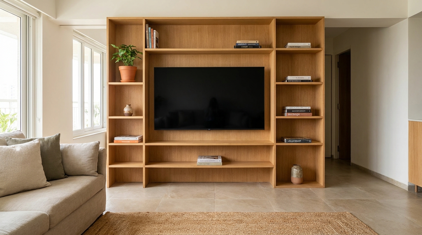 Asymmetric open shelving media wall with varying shelf heights around a wall-mounted television in an Indian apartment living room.