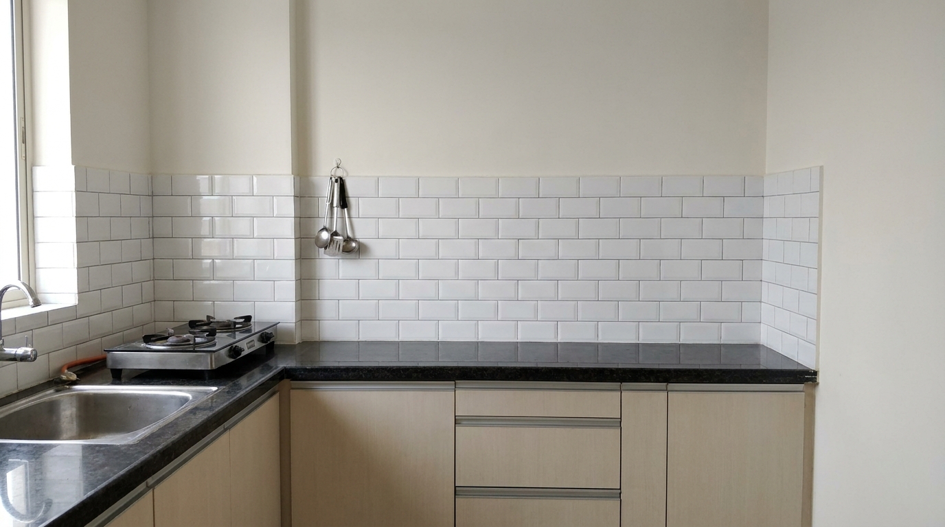 Builder-standard glossy white subway tile backsplash in an Indian apartment kitchen before renovation.