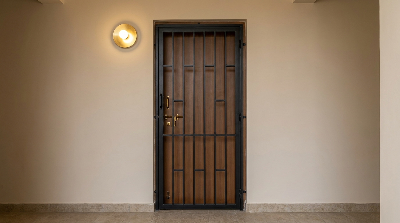 Matte black metal grille security door with geometric slat pattern mounted in front of a wood main door at an Indian apartment entrance.