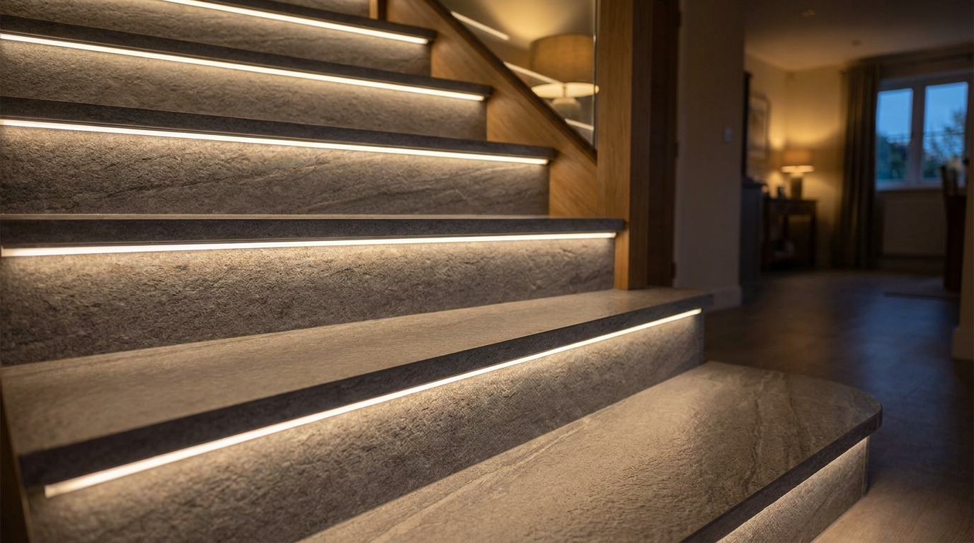 Staircase treads with warm LED strip lighting recessed under each step edge.