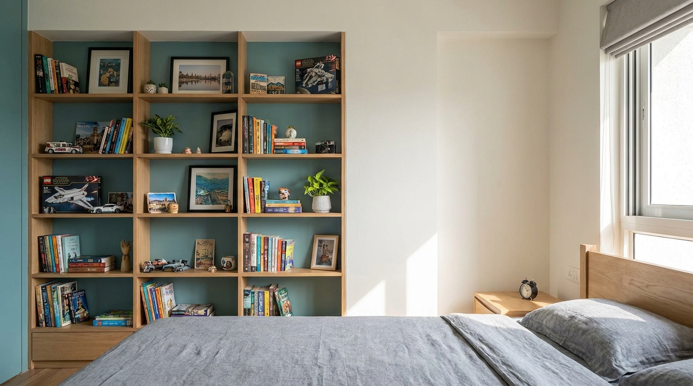 Kids' room for an older child with a personalized display shelf and a chosen accent wall colour.