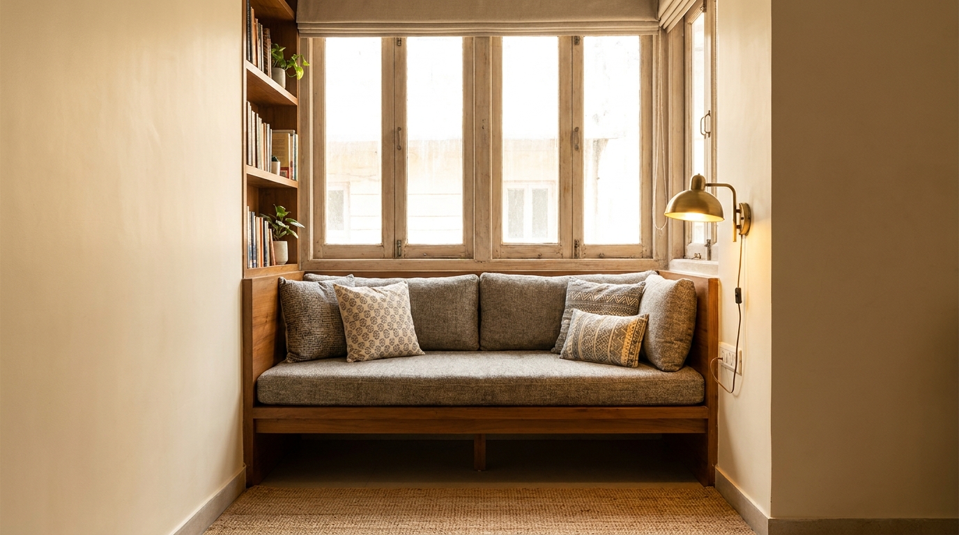  Built-in bench seat and bookshelf fitted into a bedroom alcove in an Indian apartment.