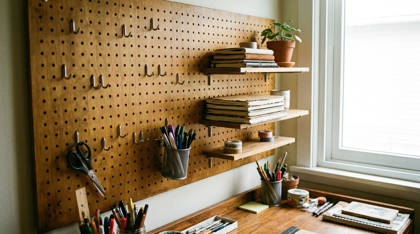 Wooden pegboard above a desk, fitted with hooks and shelves holding stationery and notebooks.