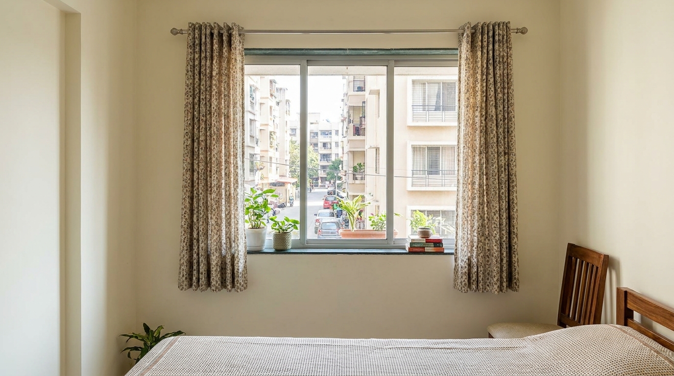 Sill-length curtains on a standard-height rod in an Indian apartment bedroom before renovation.