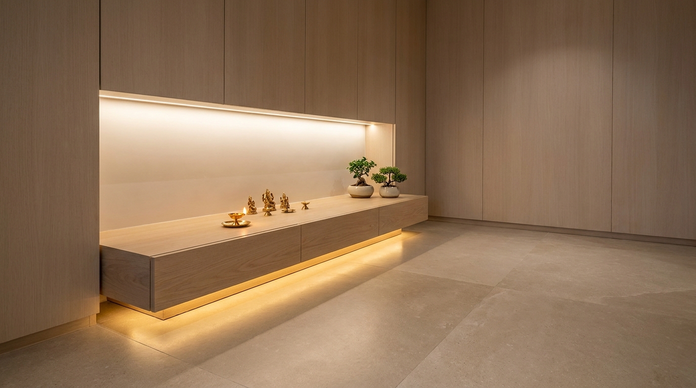 Pooja room lit with warm white lighting in an Indian apartment.