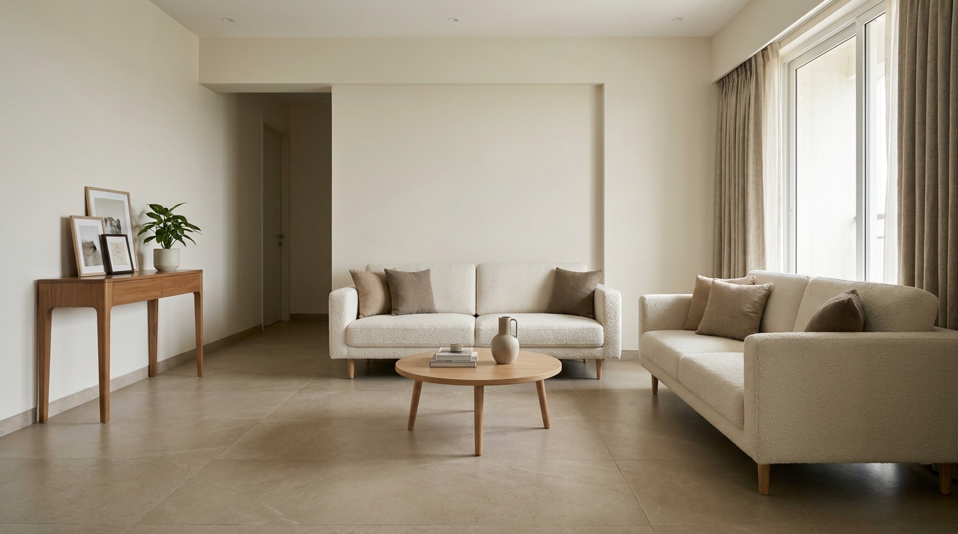 Two facing two-seater sofas arranged for conversation in an Indian living room.