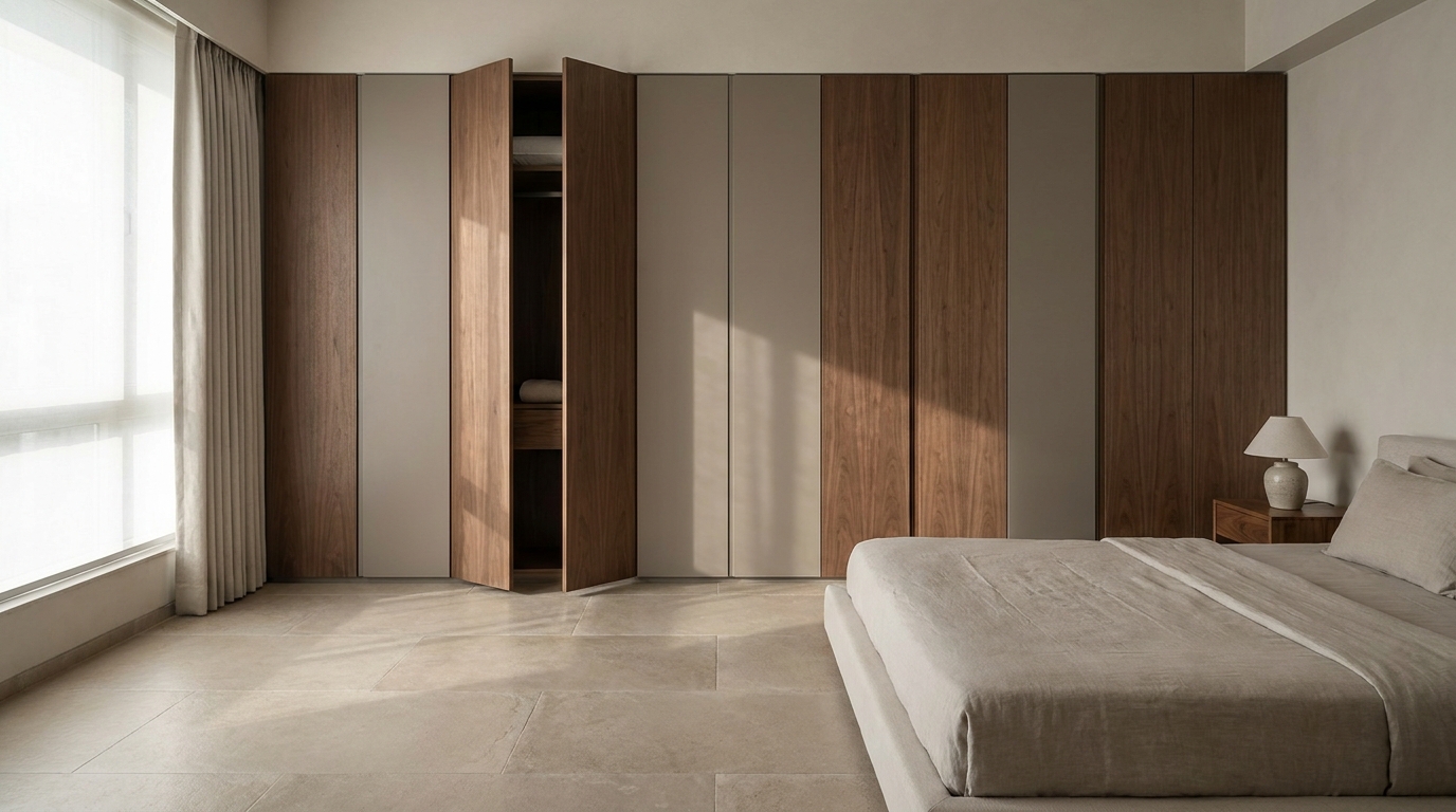 Full-height sliding wardrobe with matte walnut and lacquer finish, angled editorial shot.