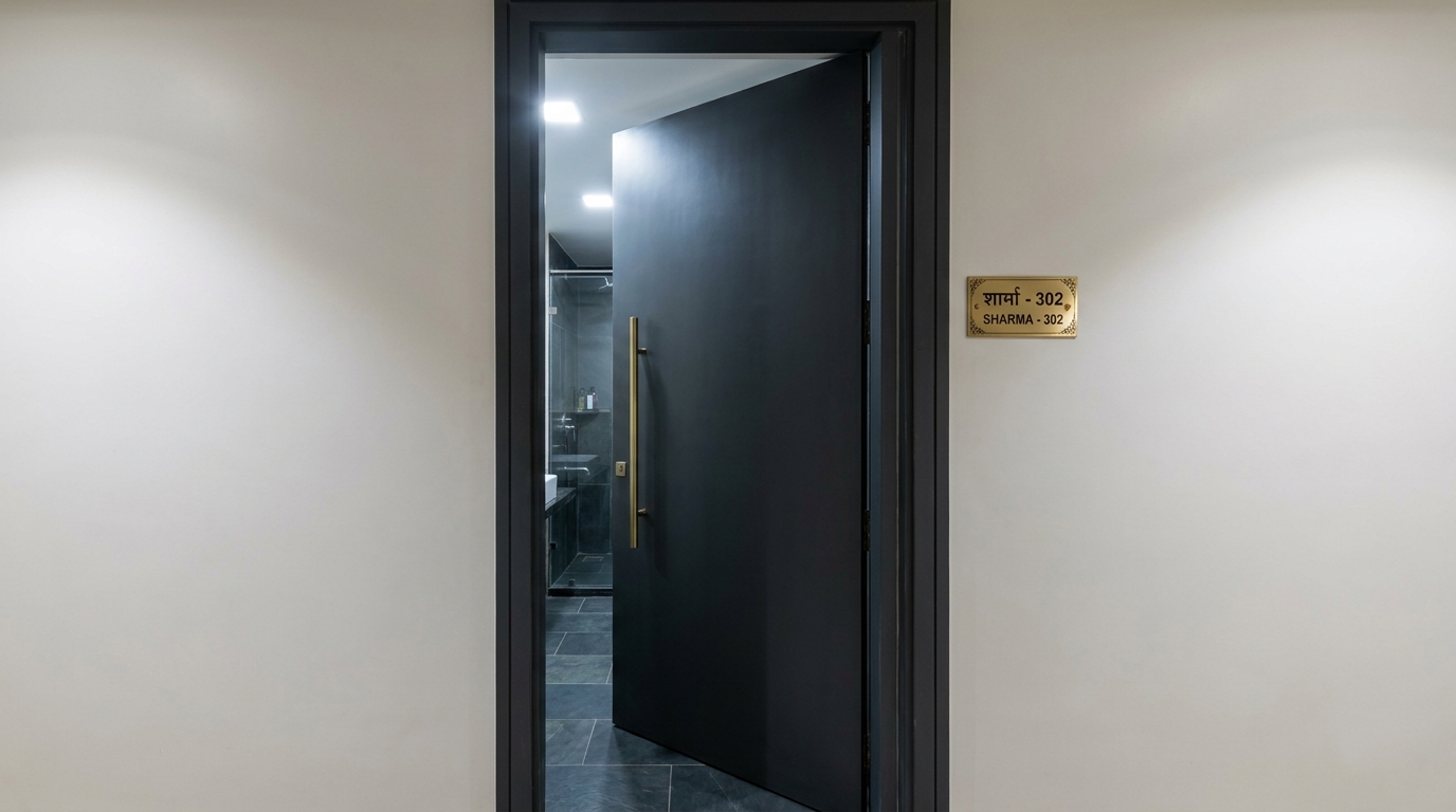 WPC bathroom door in a wood-look laminate finish, shown slightly ajar in an Indian apartment entrance, built to resist humidity swelling.