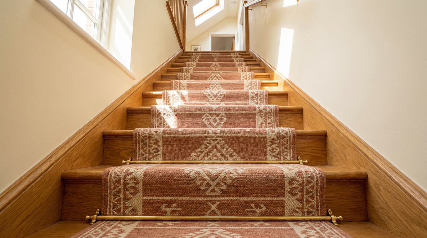 Wooden staircase with a terracotta and cream patterned runner rug held by brass stair rods.