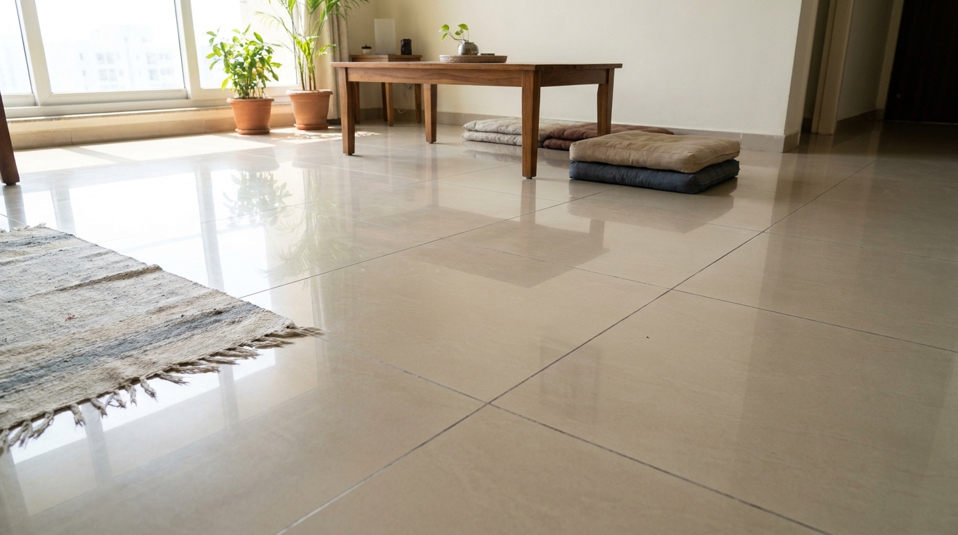 Standard glossy vitrified tile flooring with visible grout grid in an Indian apartment living room before renovation.