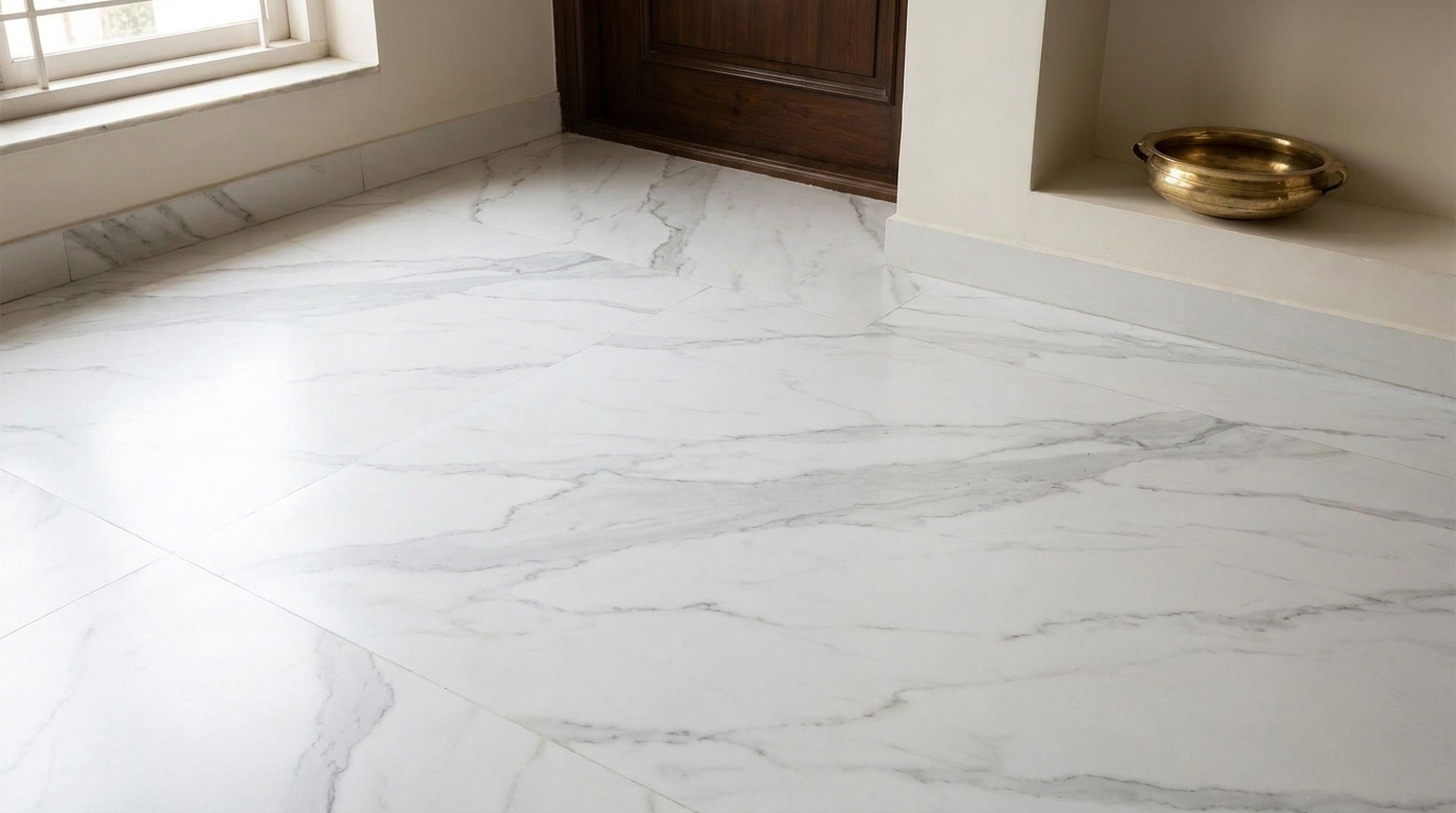 Large format marble-look porcelain slab flooring with soft grey veining in a renovated Indian apartment entryway.