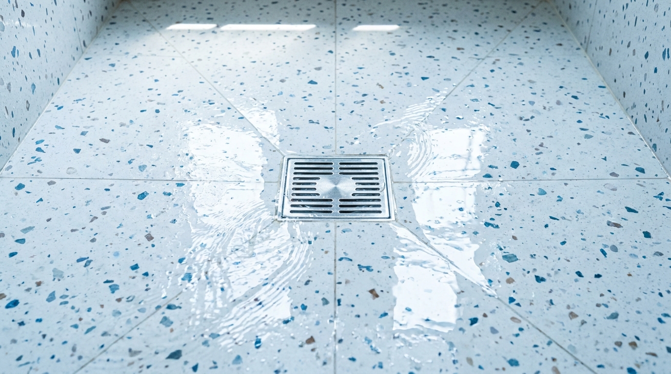 Bathroom floor tile sloping subtly toward a central drain in an Indian apartment, water visibly flowing toward the drain rather than pooling.