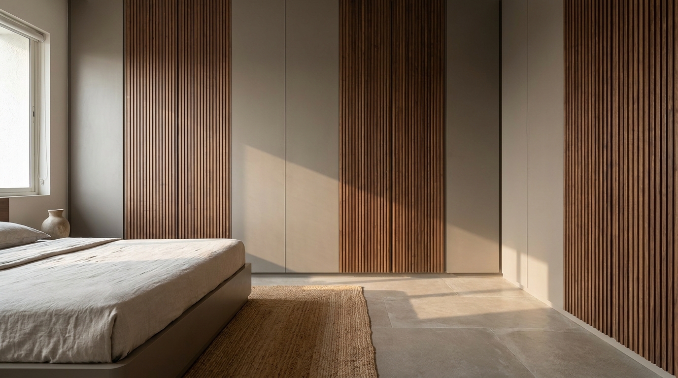 Wardrobe shutters mixing fluted wood and matte lacquer finishes, angled editorial shot.