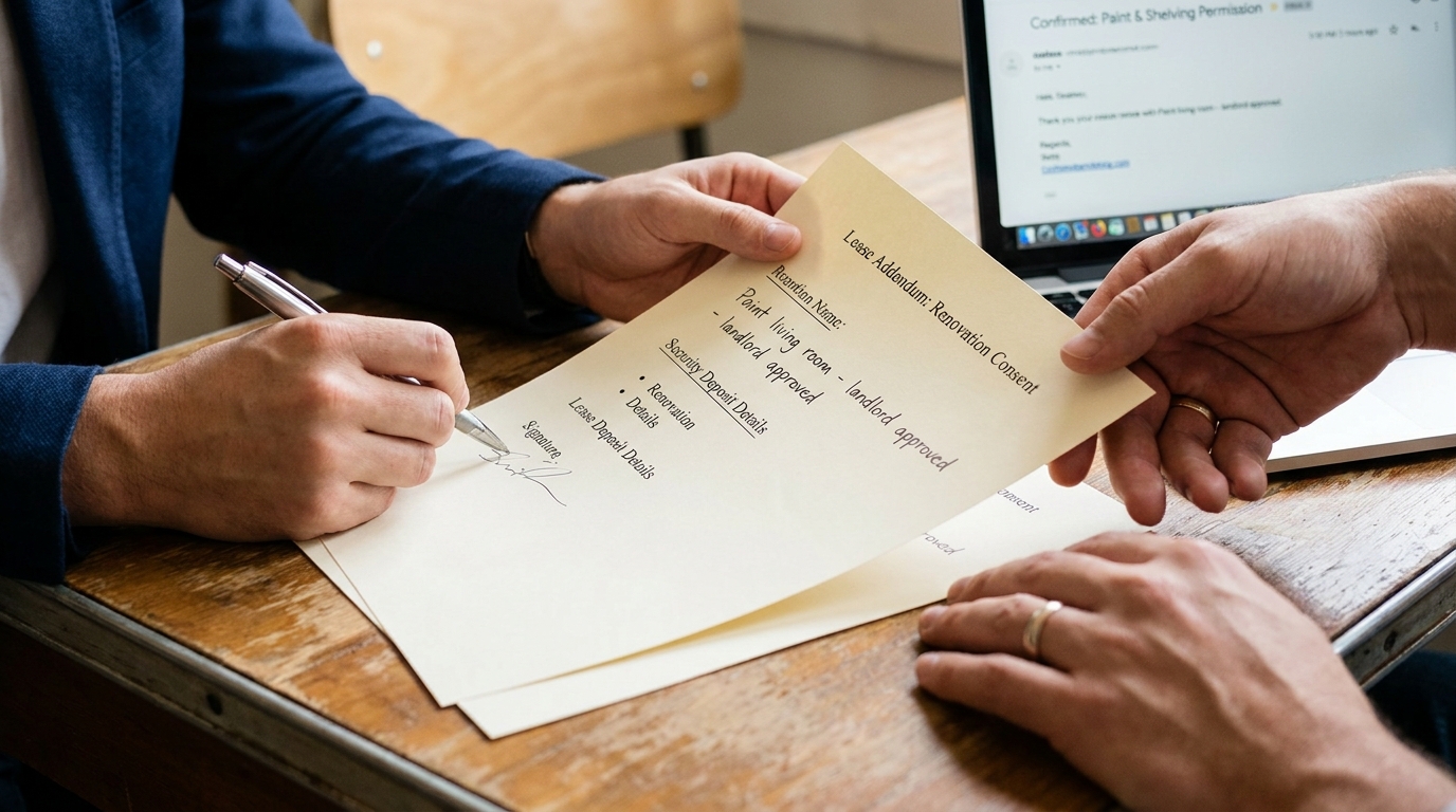 Two people finalizing a simple, hand-written "Lease Addendum" document, formalizing a verbal agreement on specific apartment renovation terms before work begins, in order to prevent future security deposit disputes.