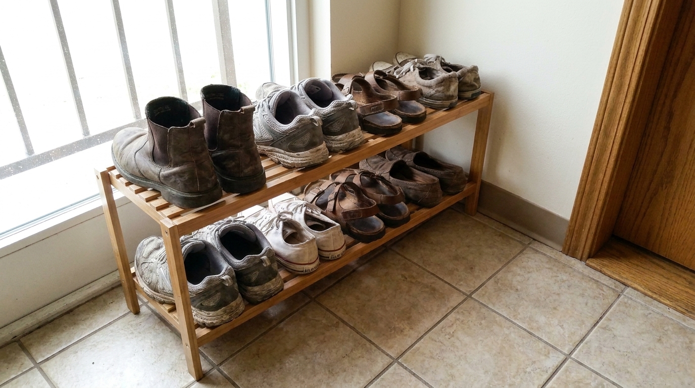 Slim slatted wooden shoe rack positioned against the wall outside an apartment door with shoes arranged neatly.