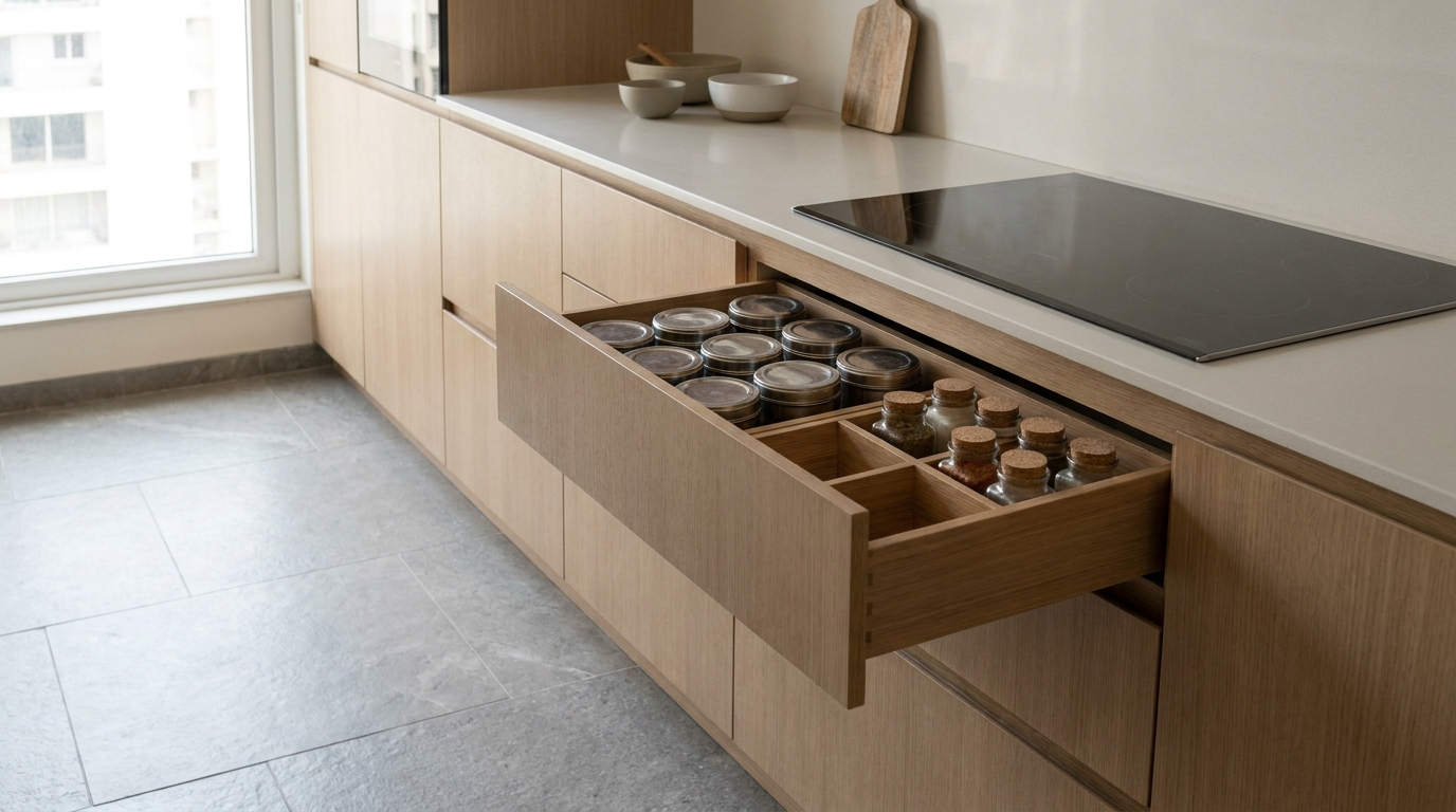 Divided masala drawer near the hob in a modern Indian kitchen.