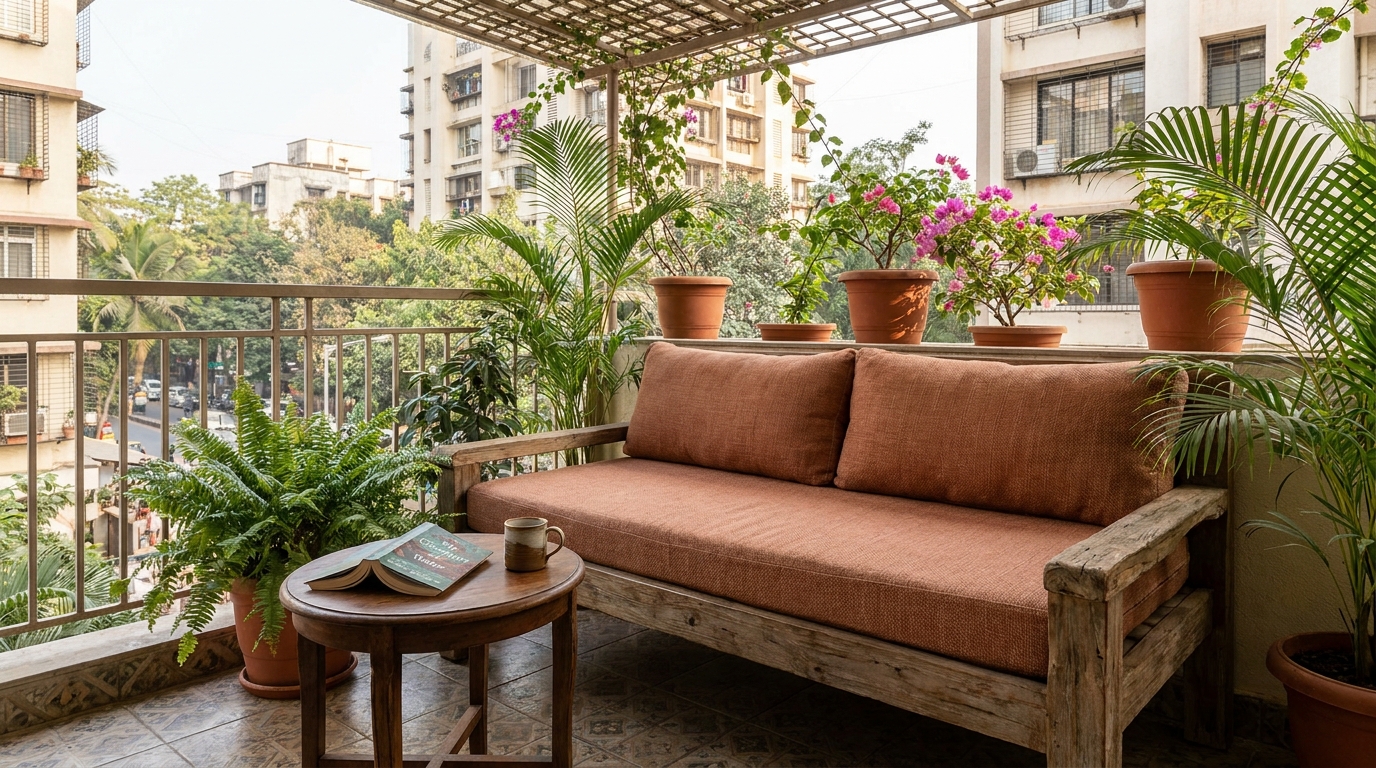 Low daybed reading corner with outdoor cushions on an Indian apartment balcony.