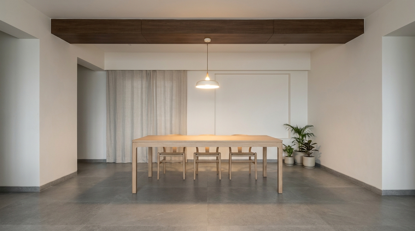 Boxed ceiling beam aligned with dining table lighting in an Indian apartment.