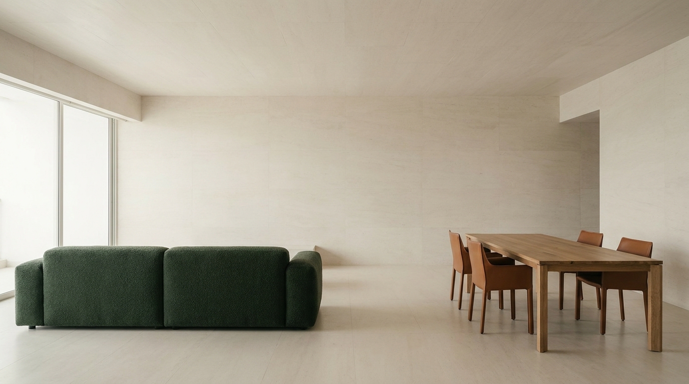 Open-plan Indian apartment with a forest green sofa defining the living zone and cognac leather dining chairs defining the dining zone, all walls and floors in white