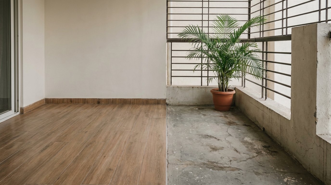 Indian apartment balcony floor transition from bare cement to wood-look outdoor tile.