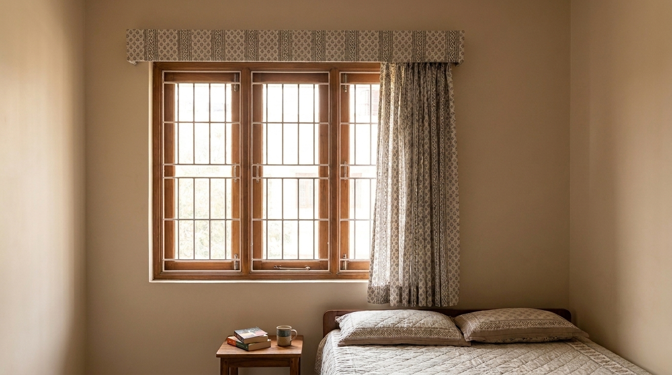 Concealed fabric-faced pelmet box hiding curtain hardware in a renovated Indian apartment bedroom.