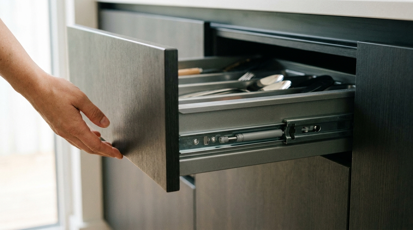 Close-up of a kitchen drawer opening smoothly on a soft-close channel.