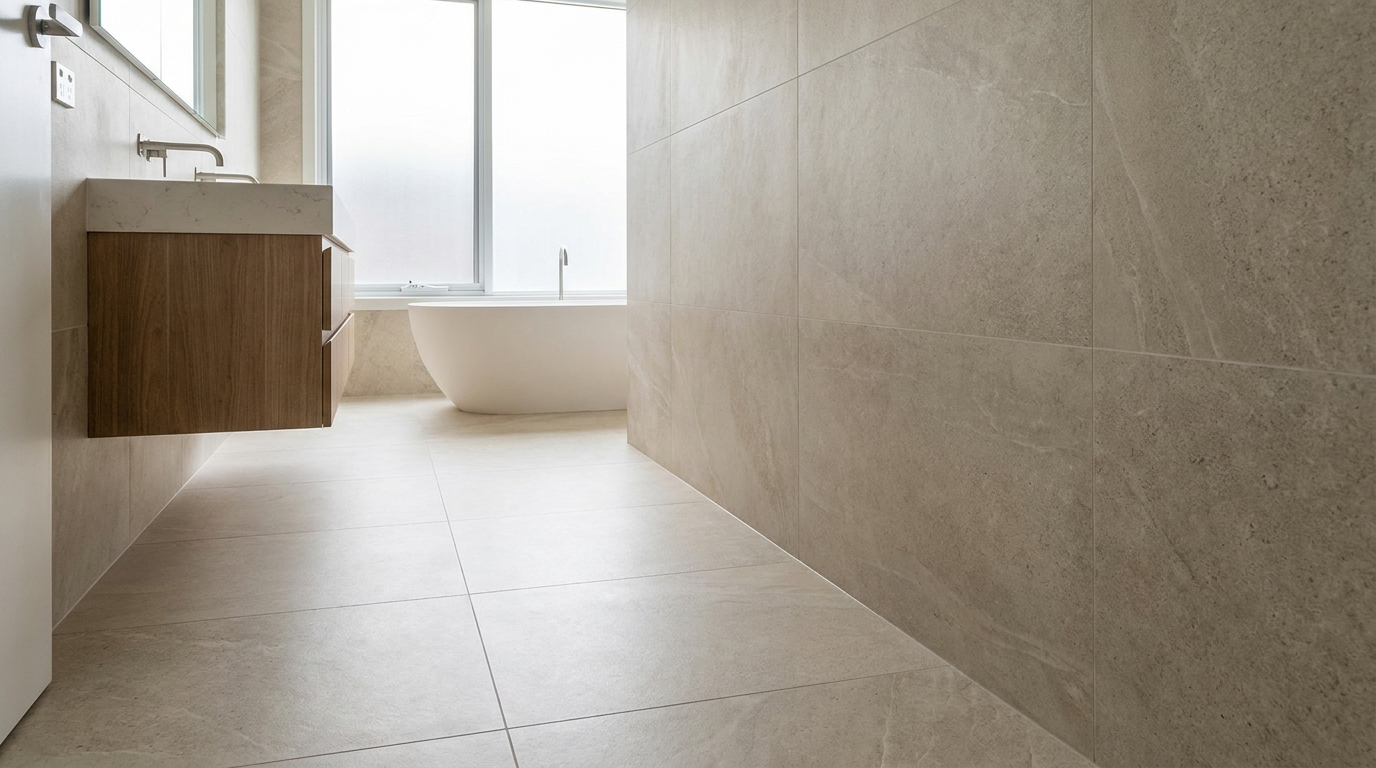 A close-up view of a spacious bathroom floor showcasing large-format matte porcelain floor tiles with incredibly thin, minimal grout lines to maximize the perception of space.