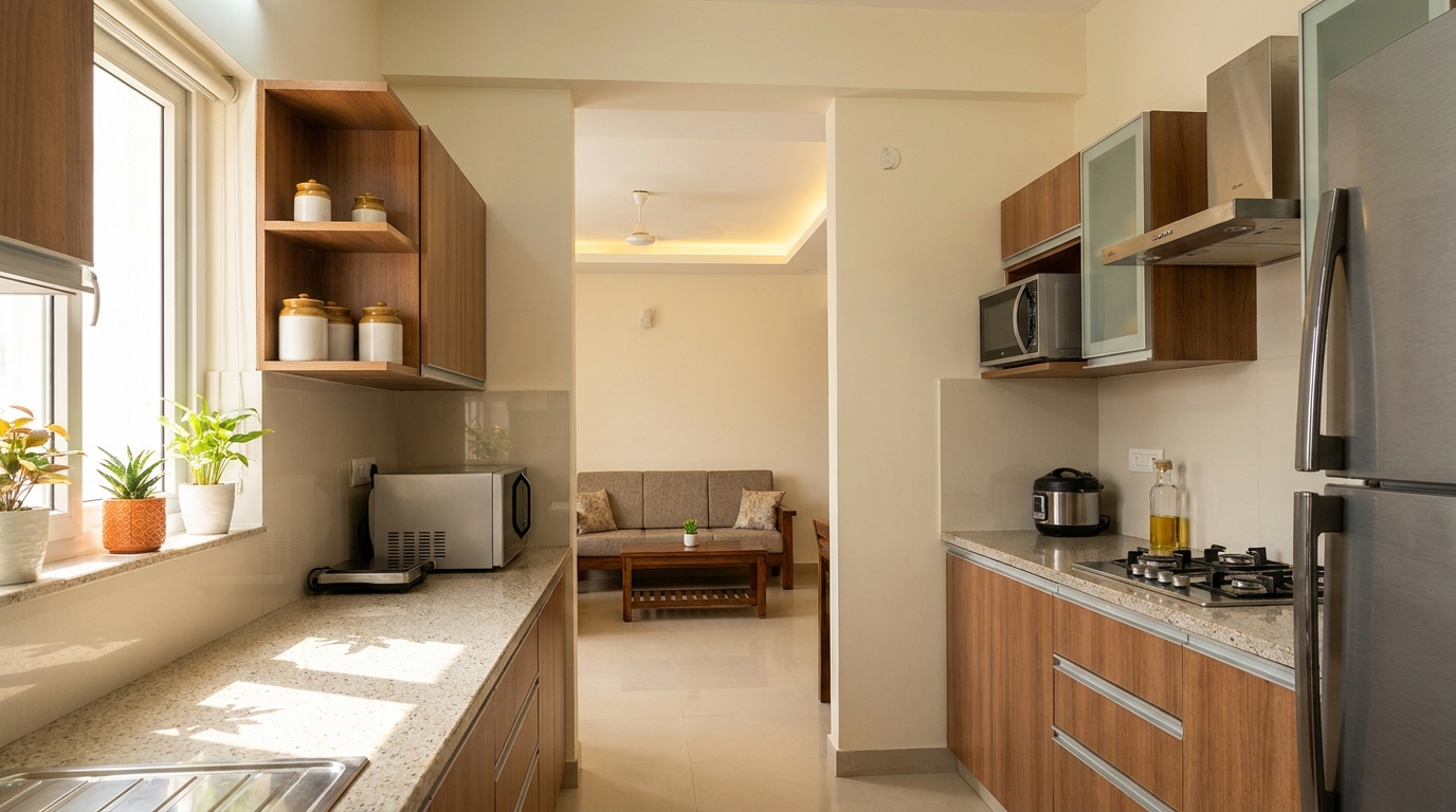 Semi-modular Indian apartment kitchen with new cabinetry and an adjacent living room with basic cove lighting.
