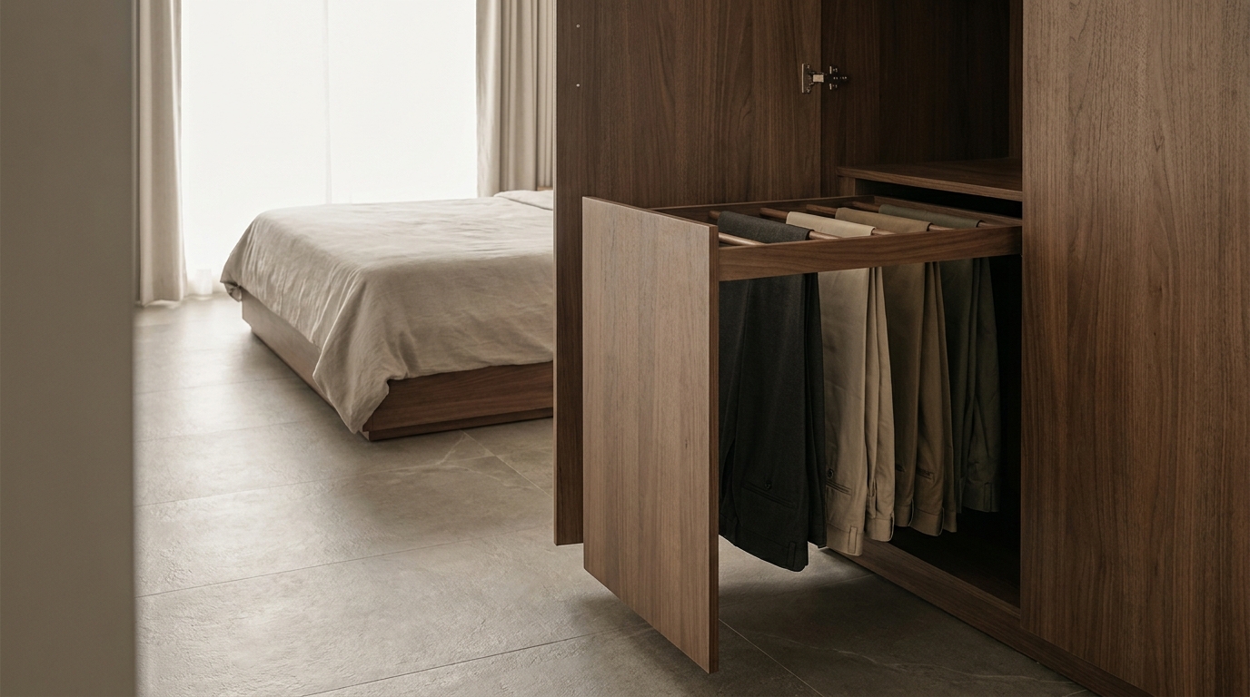 Pull-out trouser rack inside a modern wardrobe, angled editorial shot.