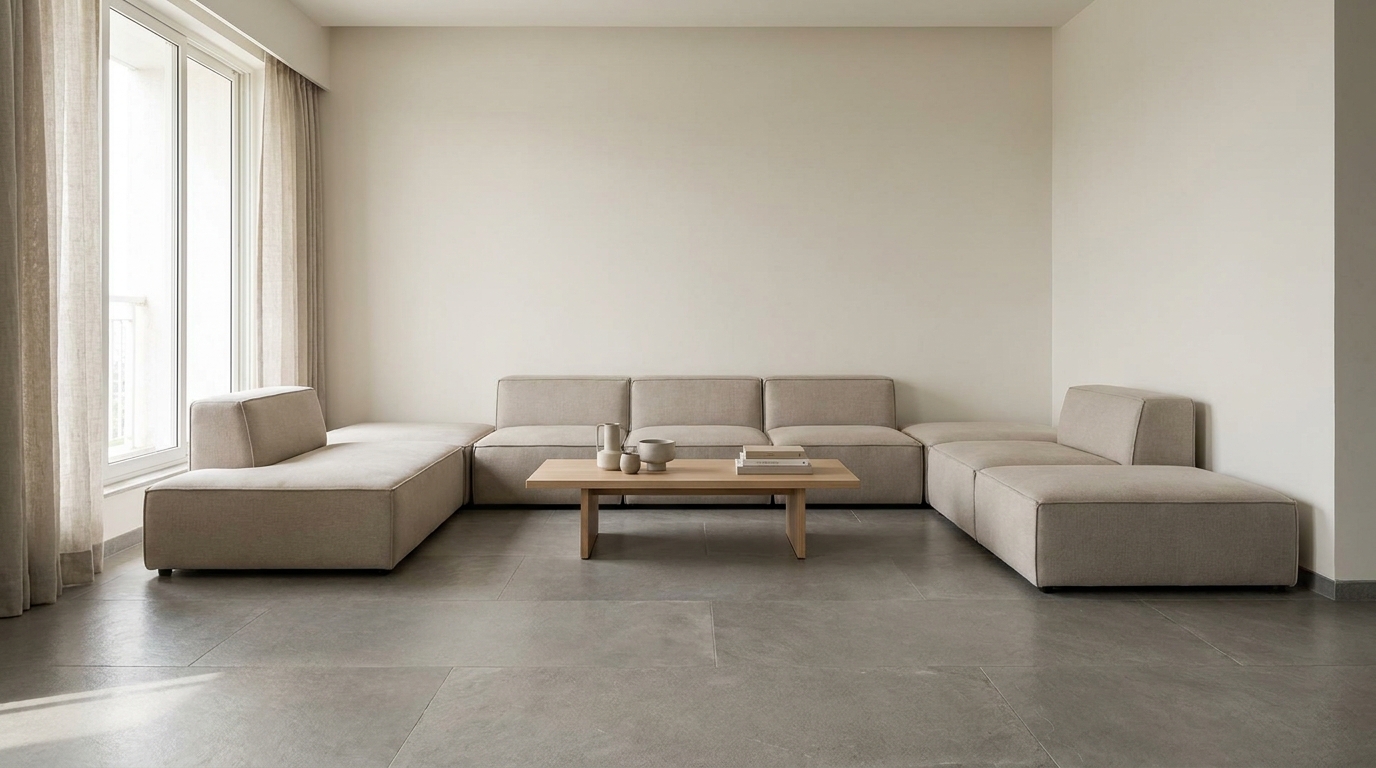 Modular sofa sections arranged in a flexible layout in an Indian living room.