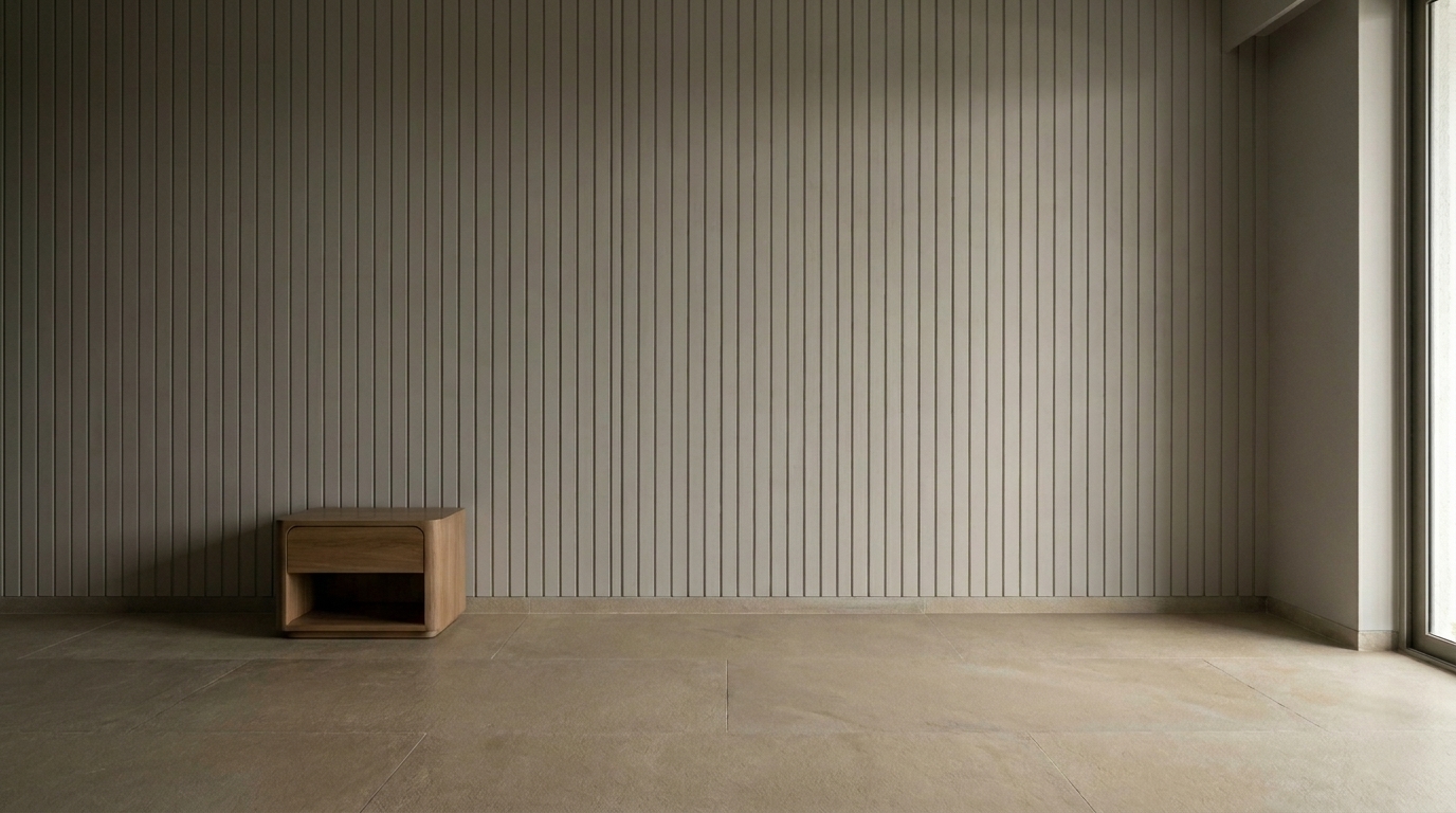 Bedroom wall with vertical batten moulding added floor to ceiling in an Indian apartment.