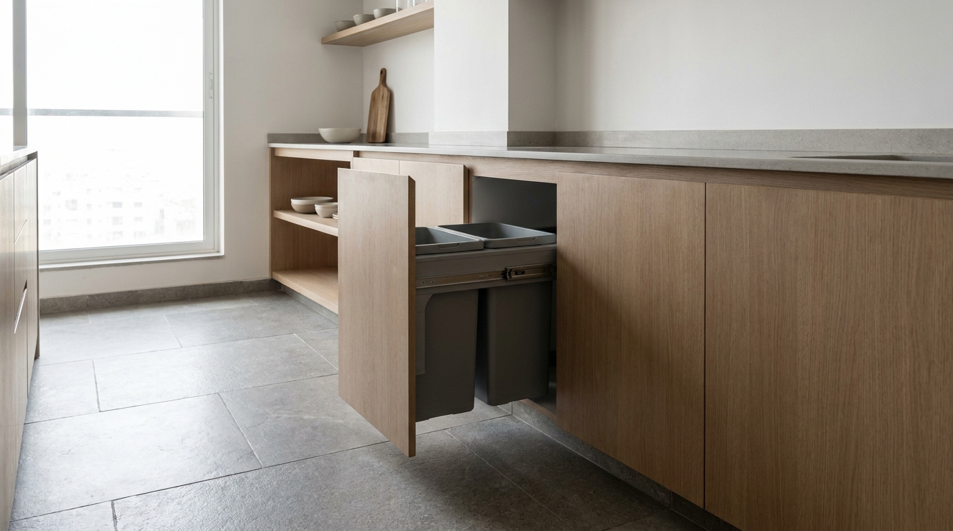 Built-in pull-out waste bin with separate compartments in a modern Indian kitchen.