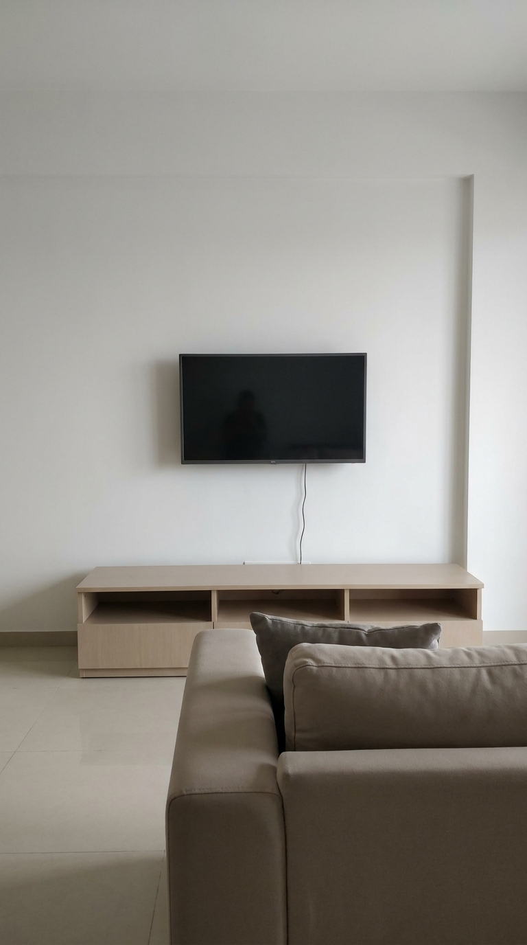 A flat white wall, TV mounted directly on it, a visible cable running down to a plain beige media console.